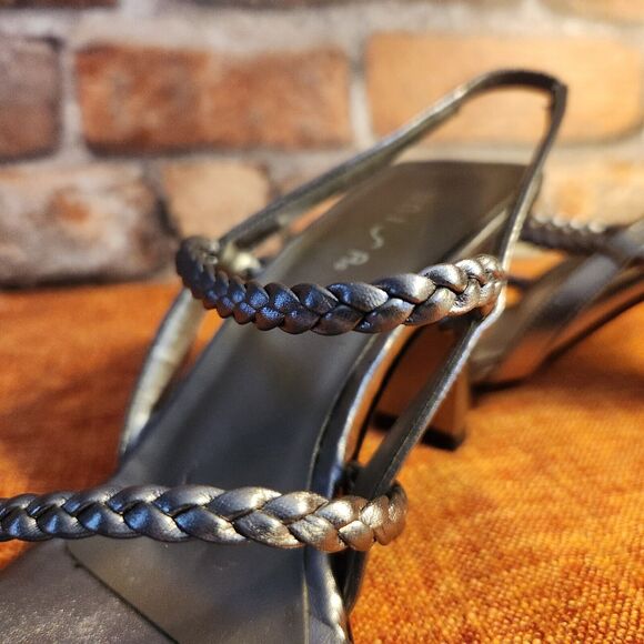 Unisa Women's Shoes Sandals Pewter Braided Strappy Heel Size 6 Metal Vintage - Picture 9 of 12